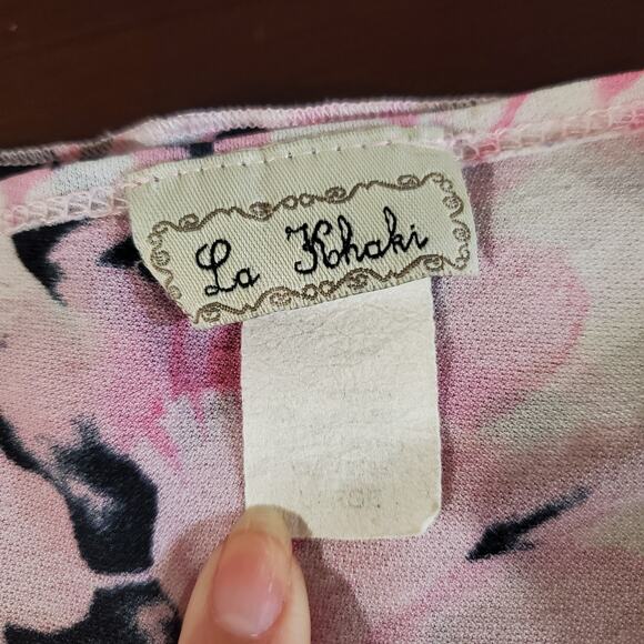 Vtg 90s Y2K La Khaki Floral Asymmetrical Babydoll Top Sz L Pink Fairy Clueless - Picture 7 of 11